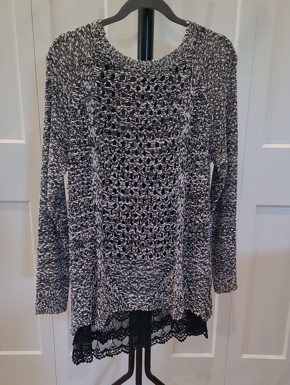 Temptations Italy Knit Top with Textured Weave With Sheer And Lace Details